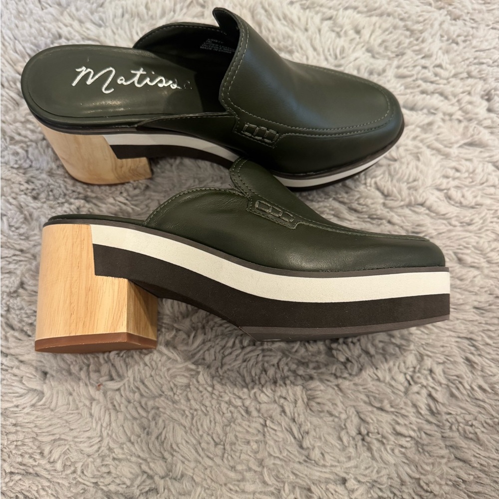 Matisse Kristy Green Leather Platform Mules Block Heels Slip On Women’s Size 7M